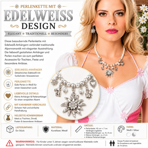 Edelweiß perlenkette tracht - edelweiß,